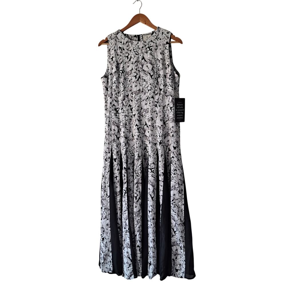 NWT Tuckernuck Andi Dress Gray Gardens Floral Pleated Midi Black & Gray Size 10 - Picture 2 of 12